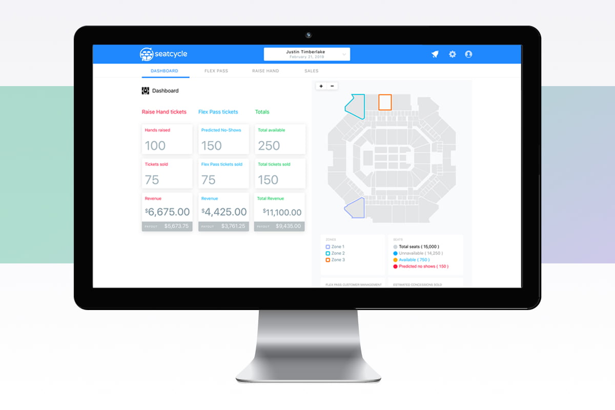 Illustration of SeatCycle system displaying a venue with predictive analytics, forecasting future ticket sales