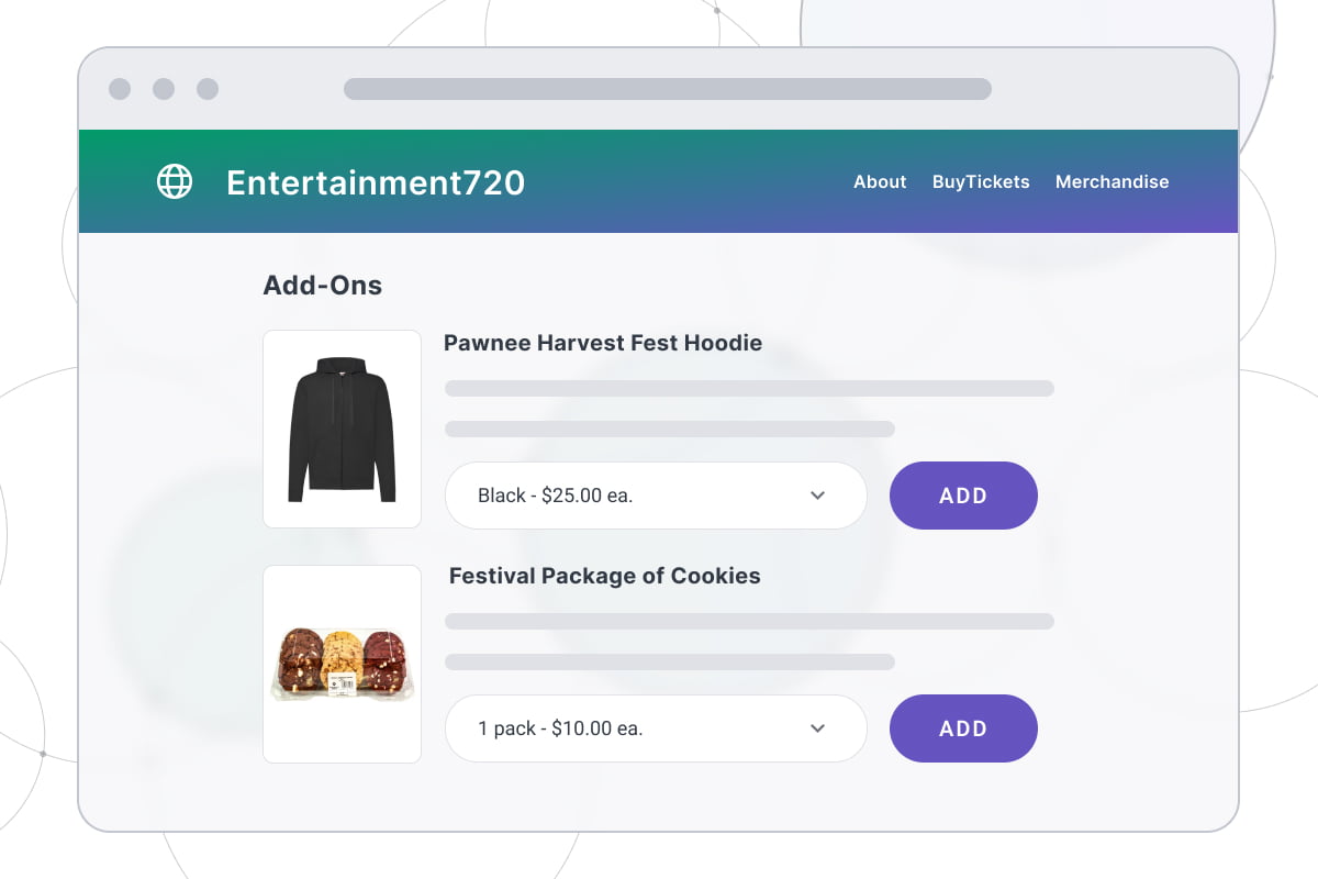 Screenshot of an event ticketing system displaying the option to purchase event merchandise.