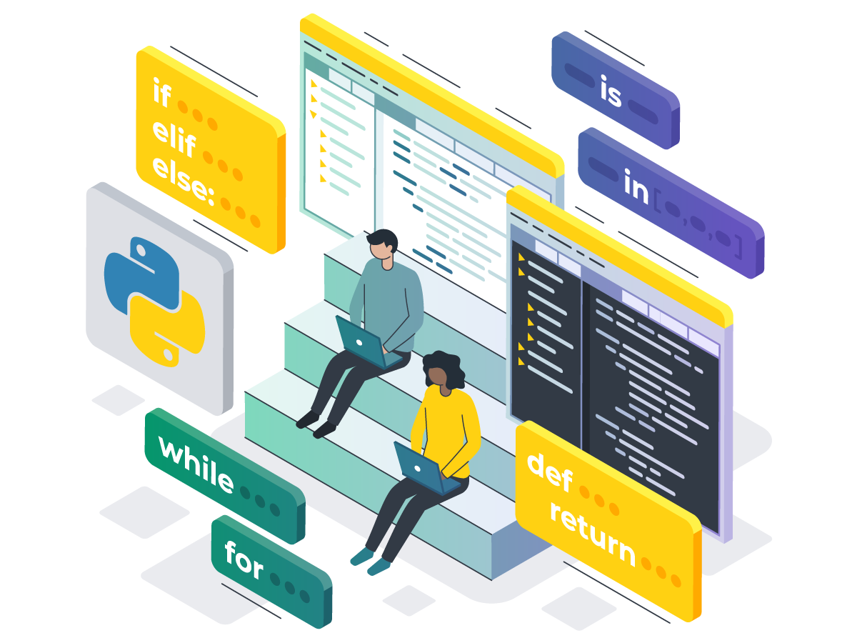 This colorful illustration shows the young developers building a program using the Python programming language