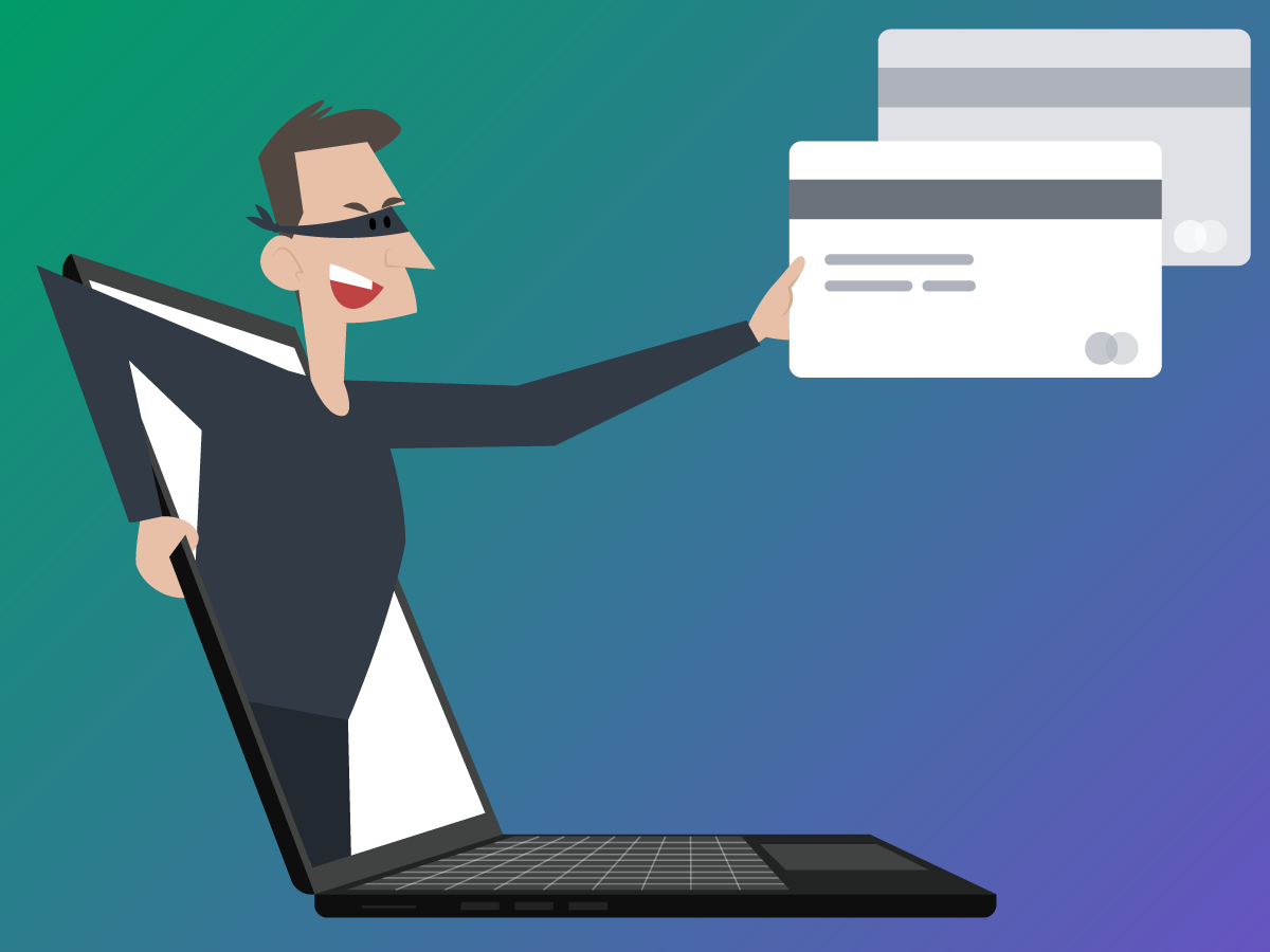 A graphic shows a masked man coming through a screen to take a credit card.