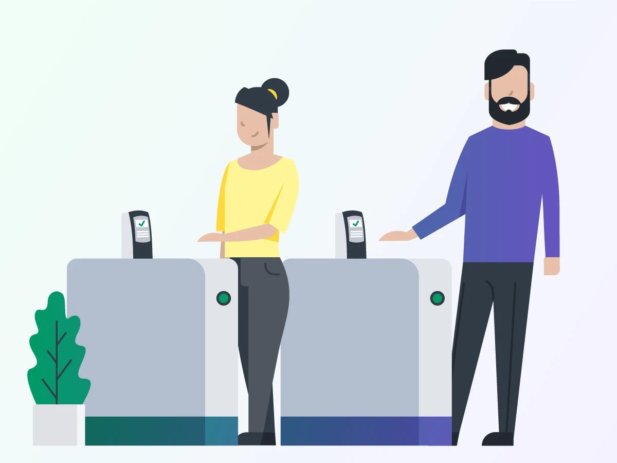 A graphic shows a patron waving their hand over a touchless scanner in the form of a turnstile to gain entrance to an event. 