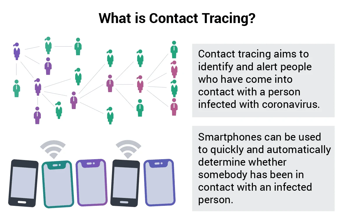 An infographic explains what COVID-19 contact tracing is and how smartphones can be used to automate the process of identifying at-risk individuals.